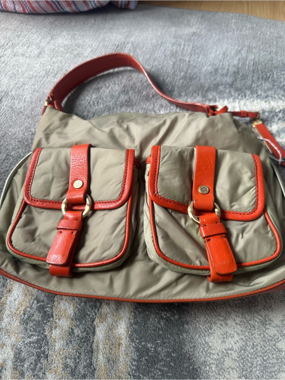 Cole Haan Khaki Nylon Satchel with Orange Trim